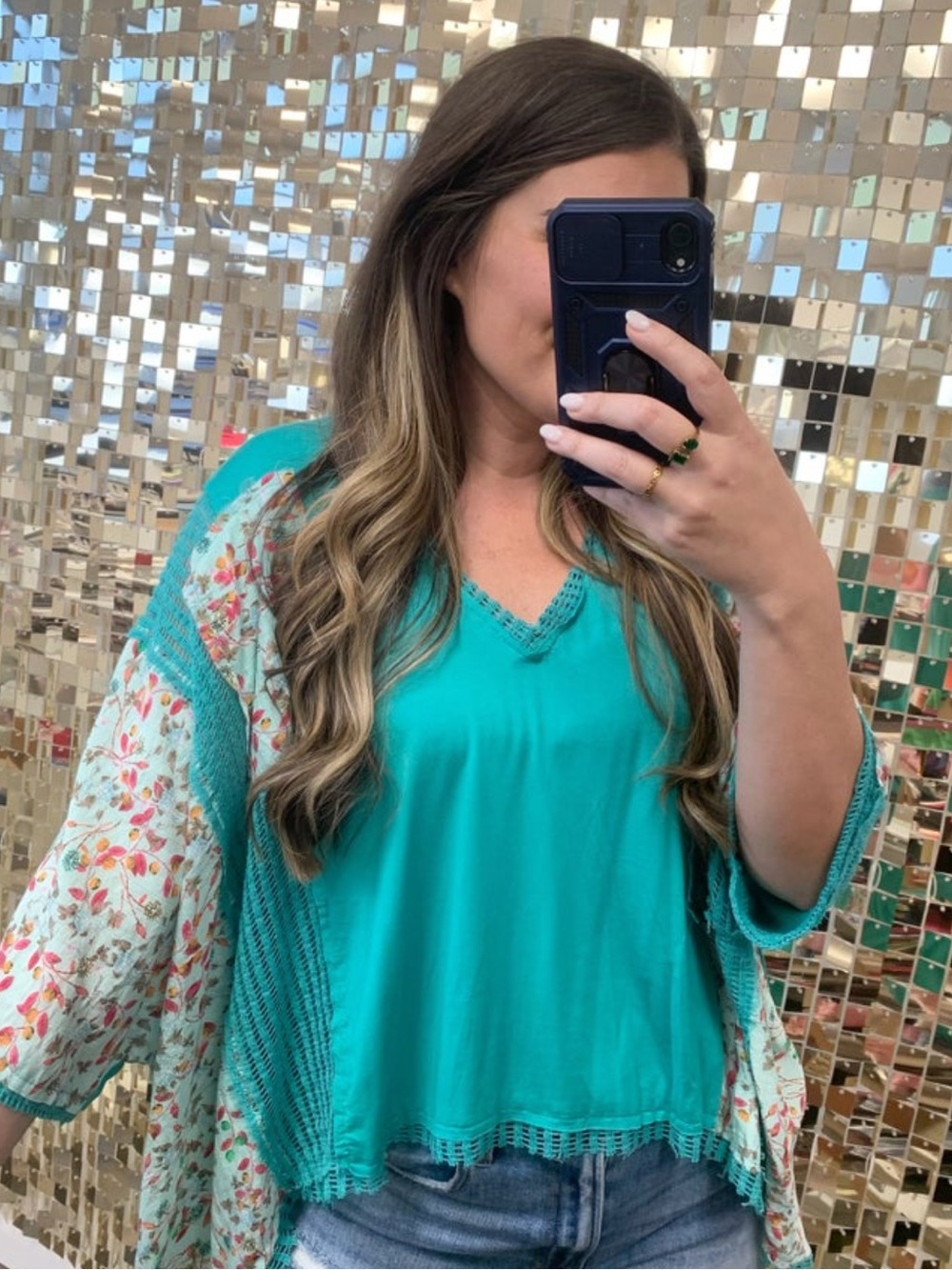 POL Patchwork Knit Drop Shoulder Top- Tropical Peacock